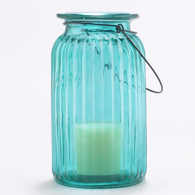 Teal Ribbed Glass Lantern Candle Holder