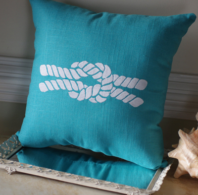 Embroidered Knot Turquoise Linen Pillow