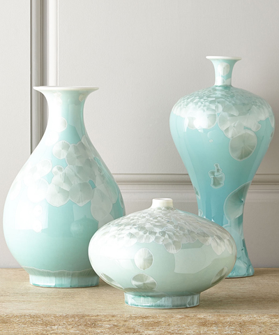 Three Swirling Leaves Aqua Vases