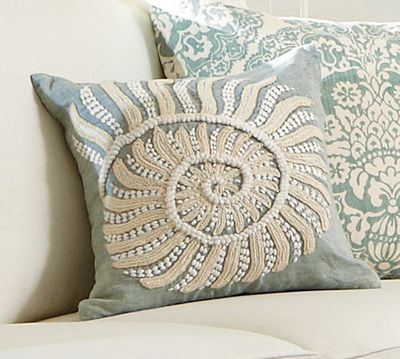 Blue Nautilus Embroidered Pillow Cover