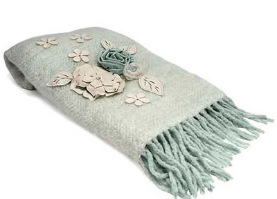 Sage & Cream with Flowers and Fringer Throw Blanket