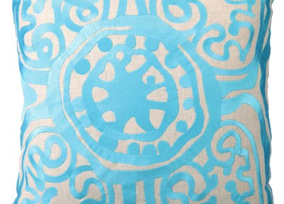 Trina Turk Pillow Embroidered Linen Rustic Medallion Aqua