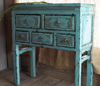 Antique Teal Table with Five Drawers