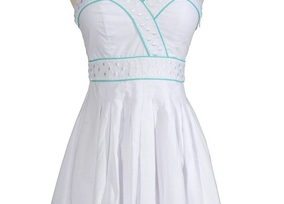 Hot Dot Strapless Designer Dress by Minuet in White/Teal