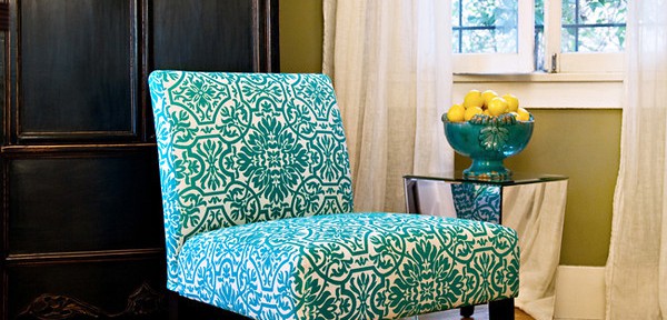 Bradstreet Modern Damask Turquoise Blue Upholstered Armless Chair