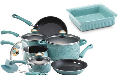 Paula Deen 12-piece Aqua Porcelain Enamel Cookware Set and Bonus Baking Dish