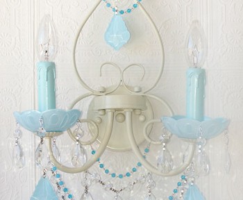 Milky Opal Aqua Blue Crystals Double Light Wall Sconce