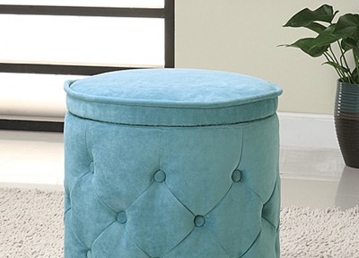 Tufted Fabric Blue Round Storage Ottoman