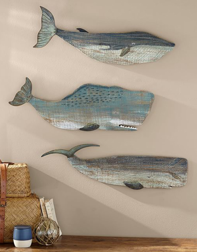 Painted Wood Whales Wall Art