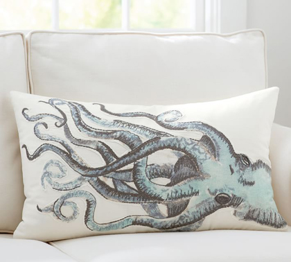Painted Octopus Embroidered Lumbar Pillow Cover