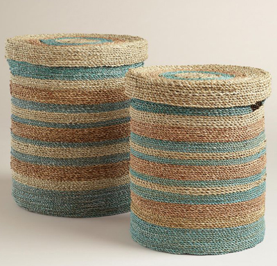 Green and Blue Round Sea Grass Sarah Baskets with Lid