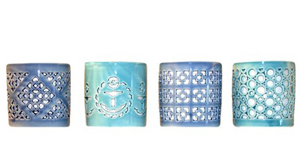 Set of 4 Blue Ceramic Votive Candleholders