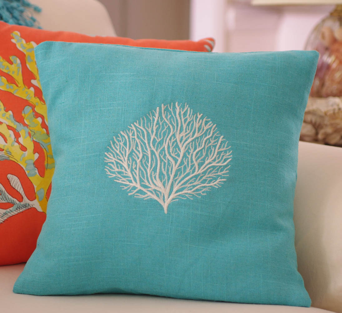 Turquoise Linen Machine Embroidered Coral Throw Pillow