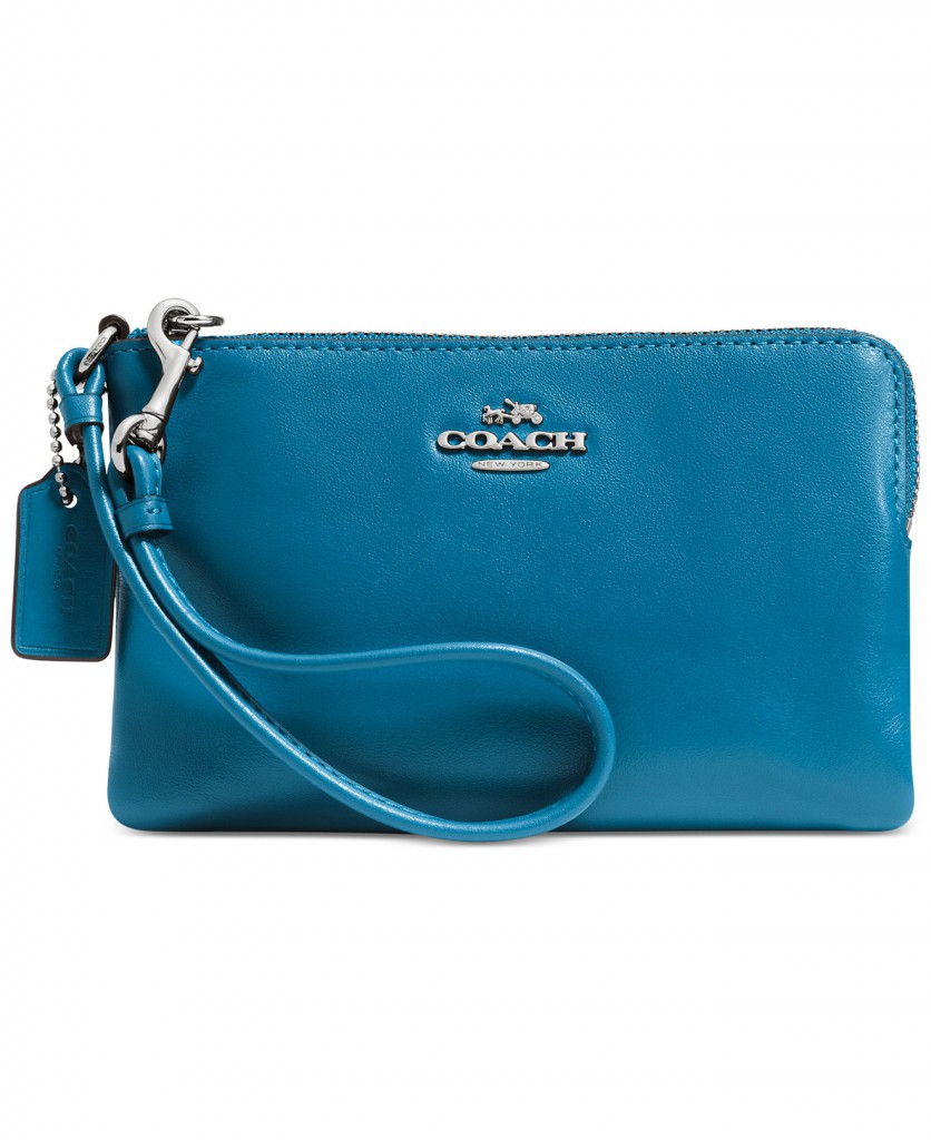 Coach Corner Zip Leather Wristlet in Peacock