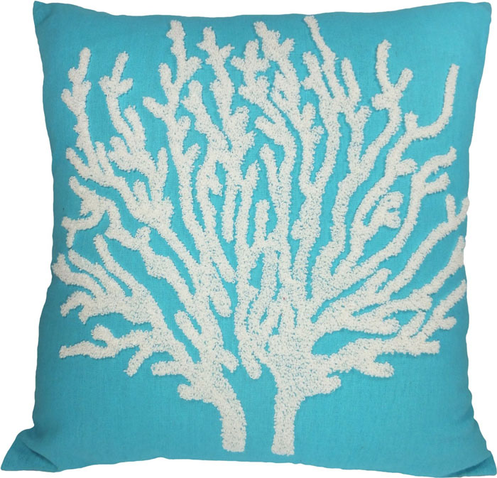 Turquoise Flora Coral Embroidery Throw Pillow Cover