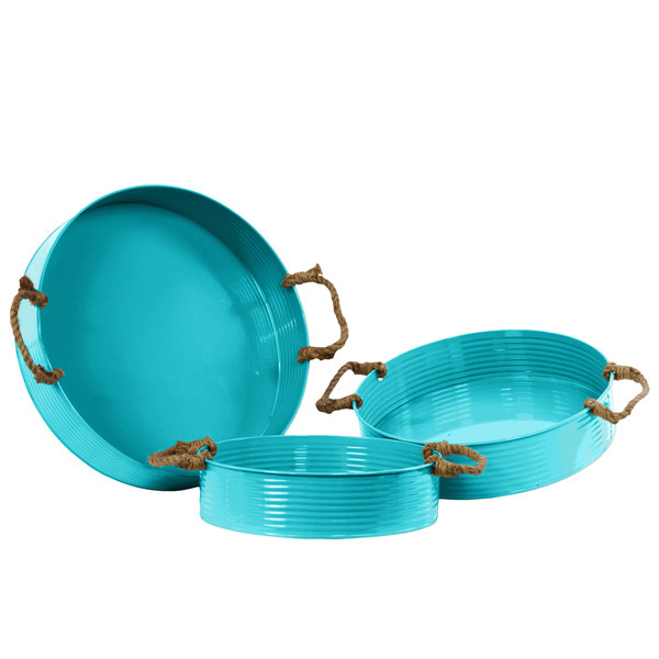 Turquoise Metal Tray with Rope Handles Set