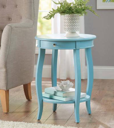 Teal Round Accent Table with Drawer