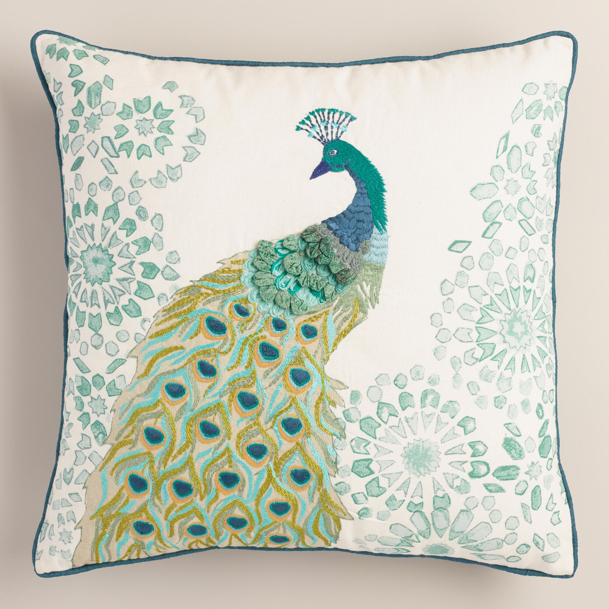 Peacock Embroidered Throw Pillow