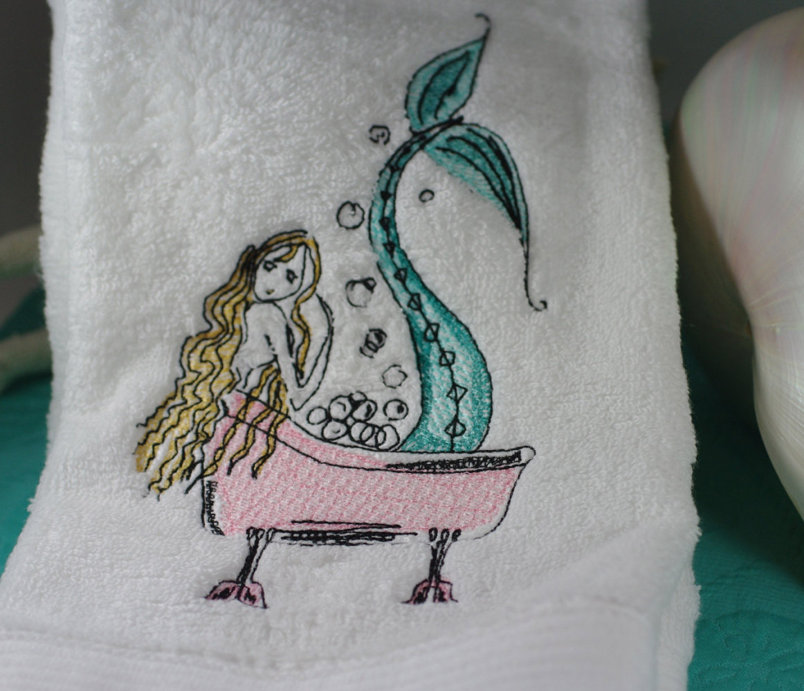Mermaid Bubble Bath Embroidered Bathroom Hand Towel