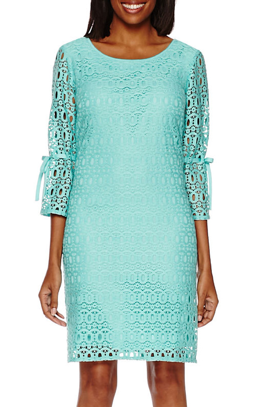 Turquoise 3/4-Bell-Sleeve Lace Shift Dress