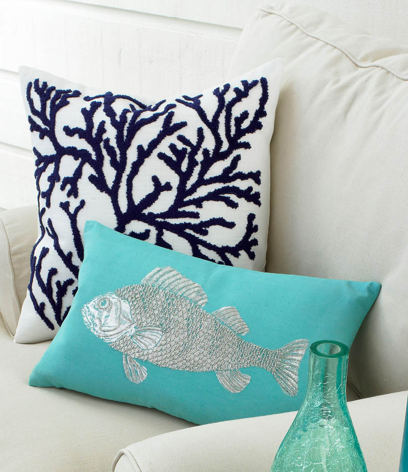 Turquoise Fish Embroidered Pillow