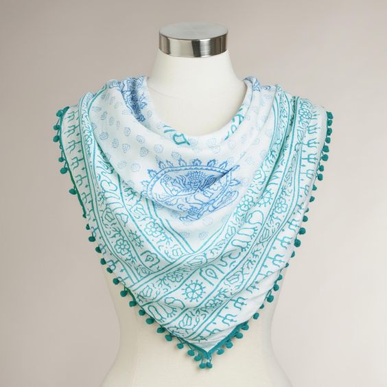 White and Blue Prayer Shawl with Pompoms