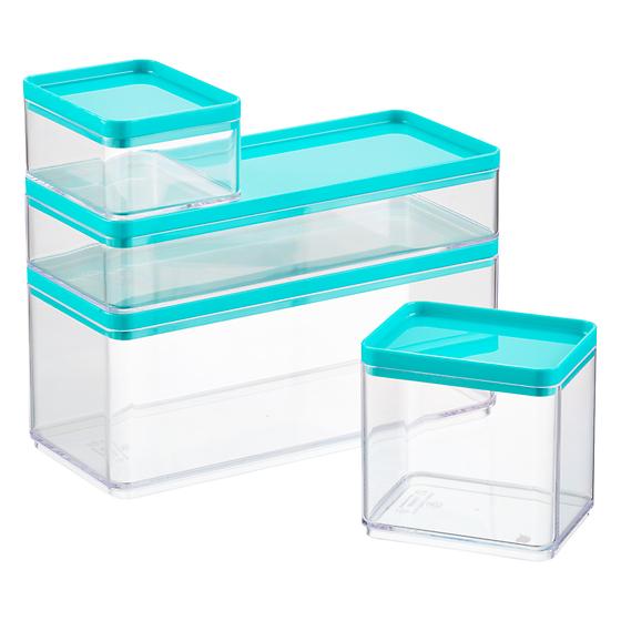 Stackable Rectangle Clear Containers with Teal Lids