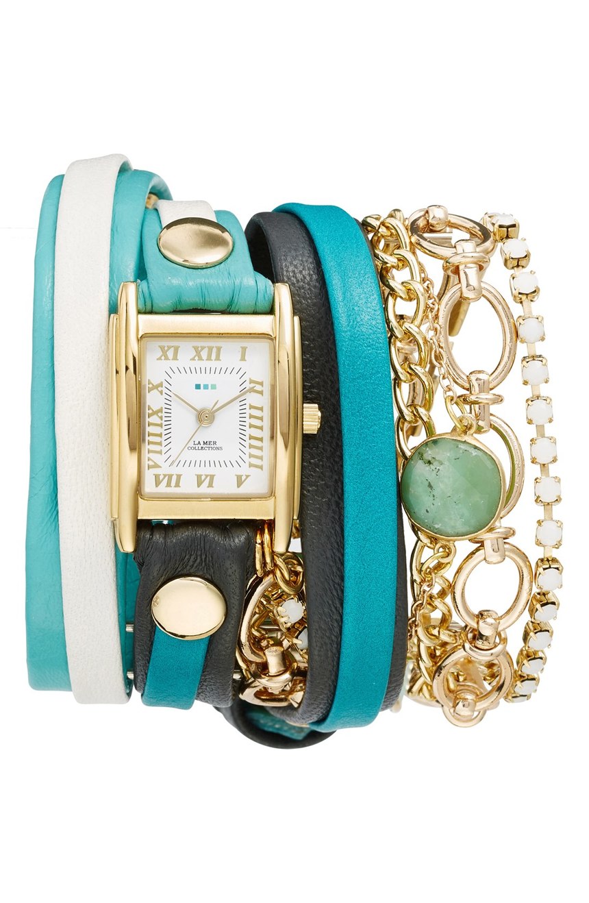 La Mer Collections Leather & Chain Wrap Bracelet Watch
