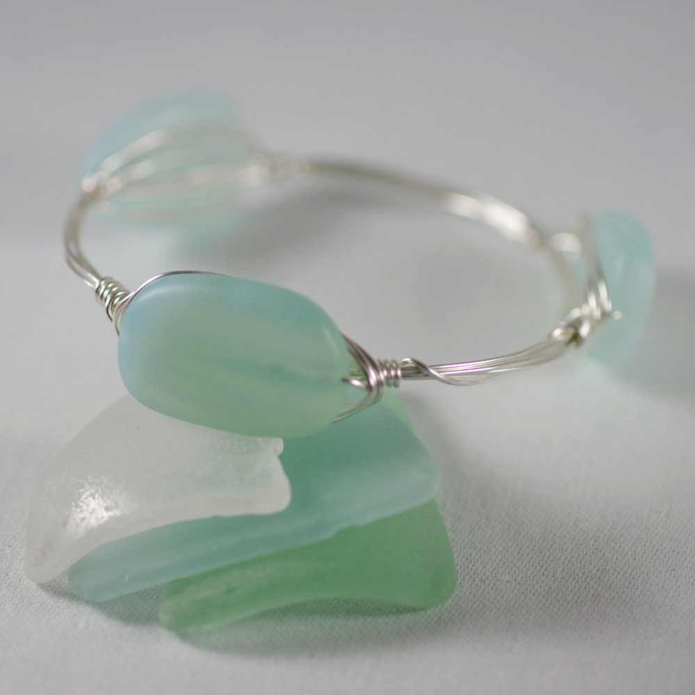 Aqua Sea Glass Wire Wrapped Bangle Bracelet