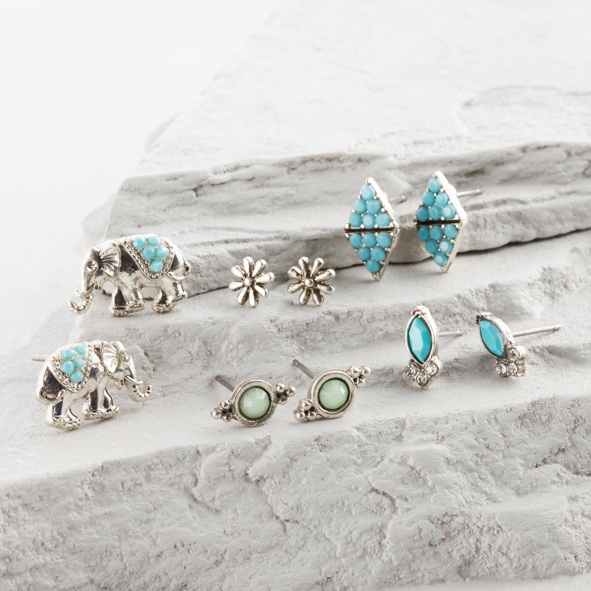 Silver, Turquoise and Elephant Stud Earrings Set of 5