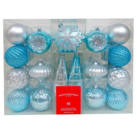 40ct Fashion Silver Blue Shatterproof Christmas Ornament Set