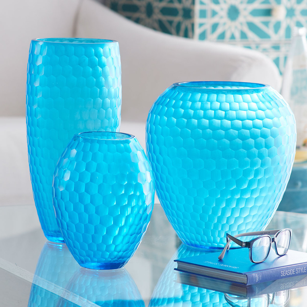 Bright Blue Etched Glass Vase