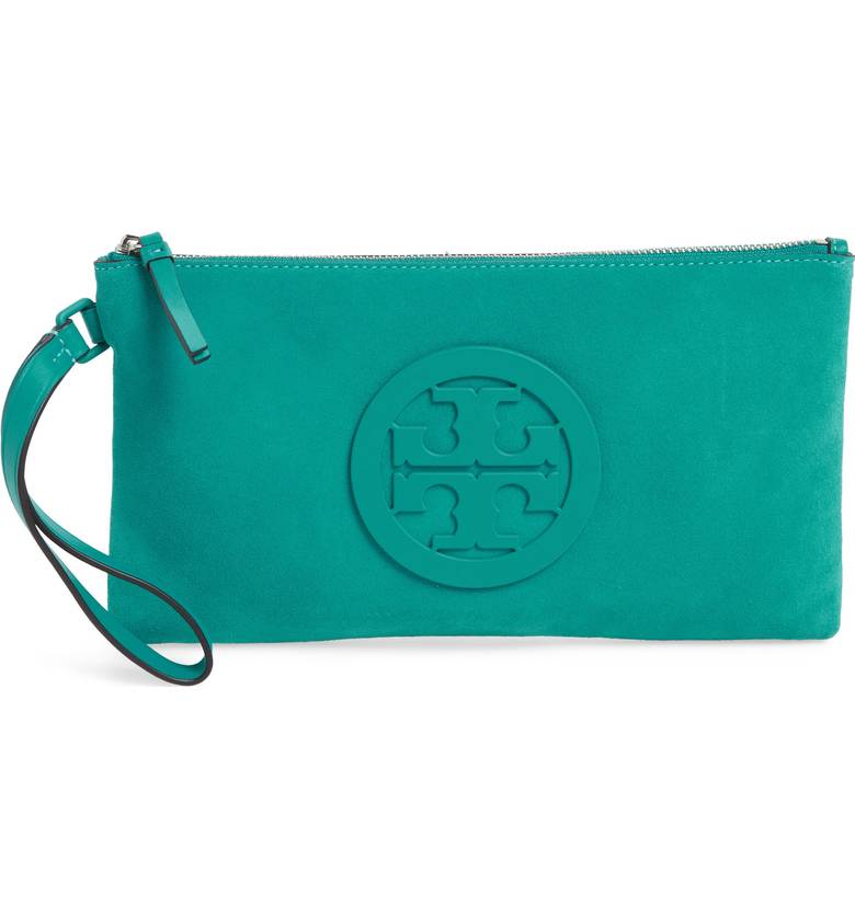 Tory Burch Turquoise Charlie Suede Wristlet Clutch
