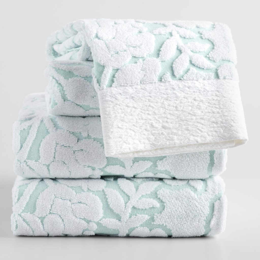 White And Aqua Floral Sculpted Emma Towel Collection